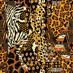 abstract patchwork of traditional african fabric and wild animal skins vector seamless pattern
