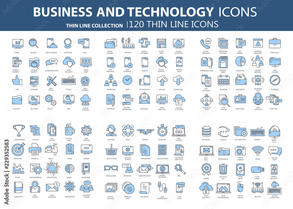 Business and marketing, programming, data management, internet connection, social network, computing, information. Thin line blue icons set. Flat vector illustration - obrazy, fototapety, plakaty 