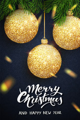 Wall Mural - merry christmas lettering greeting card for holiday. golden confetti. calligraphy lettering new year