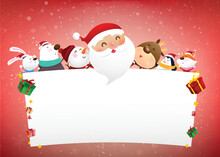 Christmas Snowman Santa Claus And Animal Cartoon Smile With Snow Falling Background 004