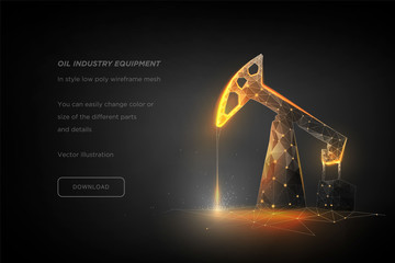 Oil pump low poly wireframe art on dark background. Oil industry equipment. Oil rig. Industrial equipment. Polygonal illustration with connected dots and polygon lines. 3D vector wireframe mesh