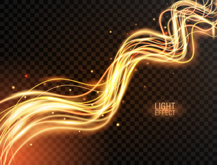 Wall Mural - magic light. gold wavy dynamic lines with sparkles on transparent background. futuristic waves in sp