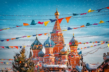 St. Basil's Cathedral In Moscow Kremlin On Red Square. Decorated Red Square In Chrismastide And New Year Time