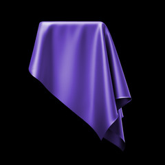 3d render, digital illustration, abstract table cloth, flying, falling, soaring fabric, unveil drapery, violet silky curtain, corner, textile cover, isolated on black background