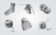 Hand Drawn Knitting Sketches Set. Collection Of knitting wool, knitting needles, wool sock and hat. Knitting elements Sketches isolated on white background.