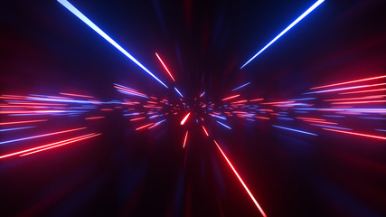 Abstract bright creative cosmic background. Hyper jump into another galaxy. Speed of light, neon glowing rays in motion. Beautiful fireworks, colorful explosion, big bang. Falling stars. 3d rendering