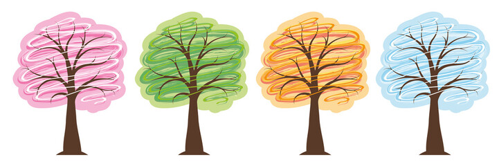 trees four seasons in bright colors spring summer autumn winter