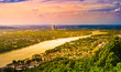 Panorama view from the Drachenburg hill, Drachenfelsen to the river Rhine and the Rhineland, Bonn, Germany, Europe