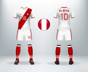 Wall Mural - 3D realistic of font and back of Peru soccer jersey shirt with pants and Switzerland badge. Concept for national soccer team uniform or football apparel mockup template in vector illustration.