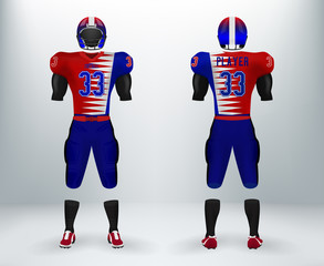 3D realistic mockup of American rugby football jersey uniforms sets. Concept for football apparel mock up template in vector illustration for retail shop.