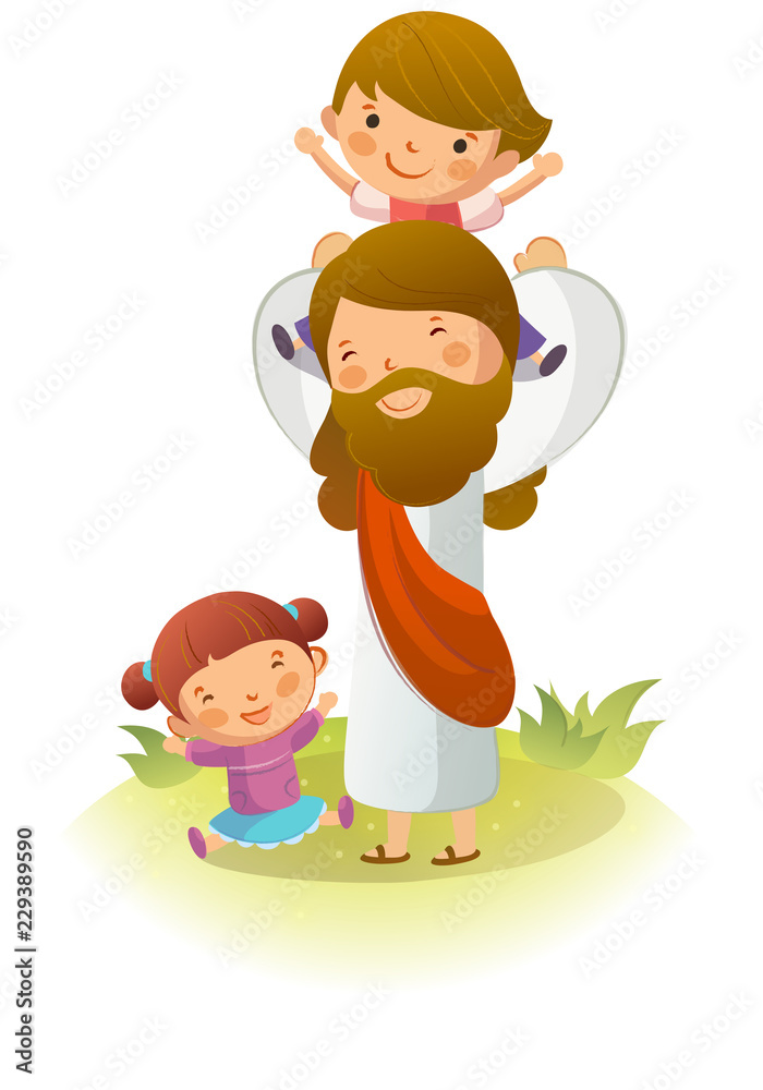 Jesus Christ carrying a boy on his shoulders with a girl sitting on the ...