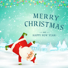 Wall Mural - Merry Christmas. Happy new year. Cute, funny Santa Claus standing on his arm in christmas snow scene with falling snow, garlands. Happy Santa Claus cartoon character in winter landscape.