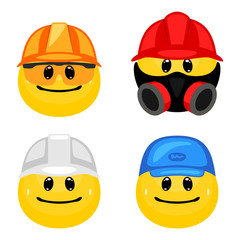 Wall Mural - Vector set of worker emoticons. Collection of face icons wearing profession hats and masks in cartoon style on white background.