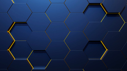 Poster - 3d Render -  Blue Hexagon Background - Yellow light shining through the cutlines
