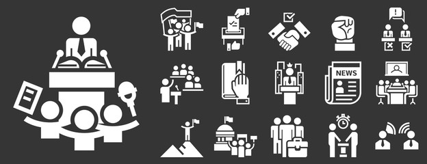 Political meeting icon set. Simple set of political meeting vector icons for web design on gray background