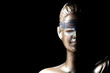 Face of Lady Justice or Themis on black background and space for text