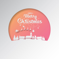 Poster - Paper cut of Santa sleigh flying into the winter village christmas night with phase text merry christmas