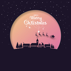 Aufkleber - Paper cut of Santa sleigh flying into the winter village christmas night with phase text merry christmas