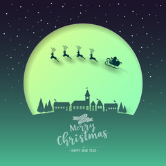 Aufkleber - Paper cut of Santa sleigh flying into the winter village christmas night with phase text merry christmas