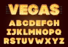 Font With Lamps. Gold Light Bulb, Broadway Style. Glowing Sparkles Alphabet Set. Template Cartoon Vector Illustration For Party Poster Or For Circus, Movie Show, Casino, Cinema.