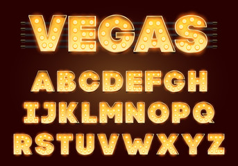 Font with lamps. Gold Light Bulb, Broadway style. Glowing sparkles Alphabet Set. Template Cartoon Vector illustration for party poster or for circus, movie show, casino, cinema.