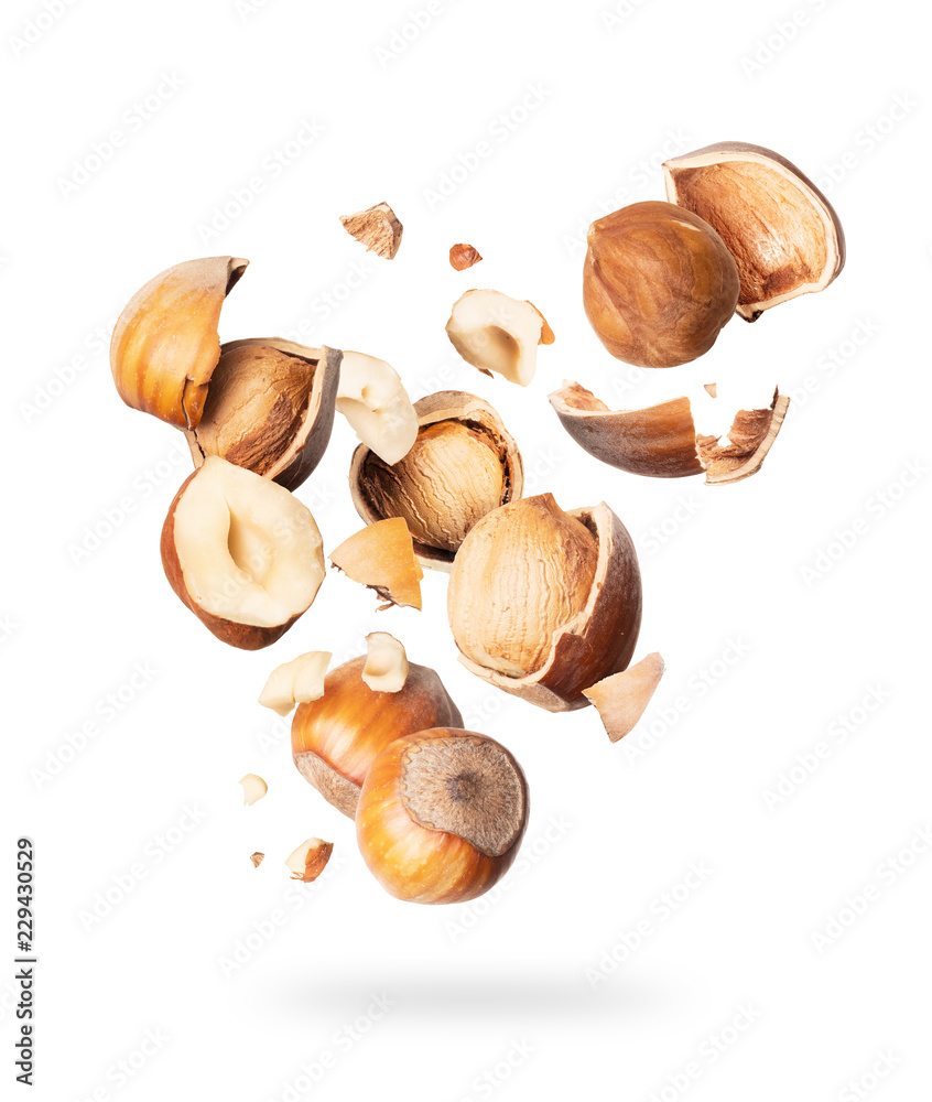 Hazelnuts crushed in the air close-up isolated on white background ...