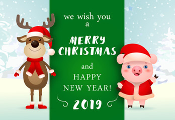 Merry Christmas and Happy New Year creative green greeting card design. Creative bright green inscription with characters of funny pig and deer. Can be used for greetings, posters