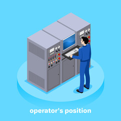 worker controls processes in production, isometric illustration