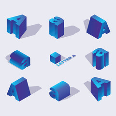 Fototapete - Russian and English Isometric alphabet font, letter A. 3d effect letters, foreshortening with flat shadows.. Stock vector typeface for any typography design. Blue 3d letters.