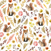 Autumn Seamless Pattern. Fox, Squirrel, Leaves, Flowers, Branches