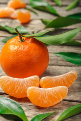 Wall Mural - ripe and juicy mandarines (tangerine) and green leaves on wooden background.