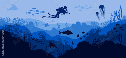 Fotomural Coral reef and Underwater wildlife Diver on blue sea background