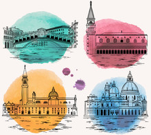 Venice Watercolor Landmarks And Tourist Attractions Set.