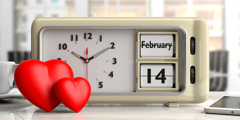 Valentine's date on old retro alarm clock, red hearts, office background, 3d illustration.