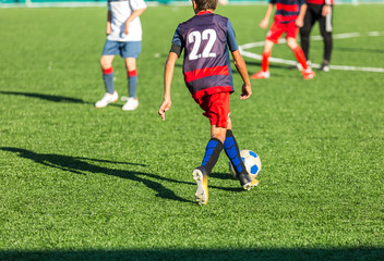 Wall Mural - Junior football match. Soccer game for youth players. Boys in blue and white uniform playing soccer match. Football stadium and grassy field in the background