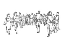 Crowd Of People Walking Illustration Pencil Sketch Isolated