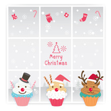 Illustration Vector Of Merry Christmas Holiday Design With Cupcake Decorated To Santa Calus, Snowman And Reindeer At Window On Snow Background.