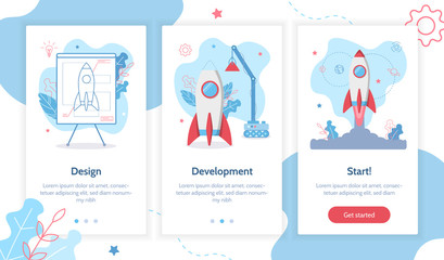 Fototapete - Project development. Building rocket from design to launch. Onboarding template for smartphone and tablet screens. Website concept. Flat vector illustration.