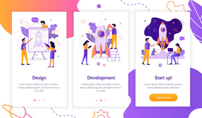 Fototapete - The development team is working on the project. Creation of a rocket. Onboarding screens template for mobile applications and websites. Flat vector illustration. 