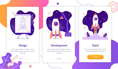Fototapete - Project development. Building rocket from design to launch. Onboarding screens template. Mobile app design. Business concept. Flat vector illustration.