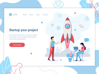 Fototapete - Launch of the rocket. Web banner design template. Startup concept. Teamwork and development. Flat vector illustration. 