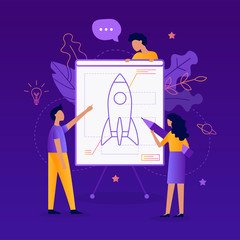 Fototapete - Team of developers creates a drawing of the rocket. Start up concept. Teamwork. Web development. Flat vector illustration.