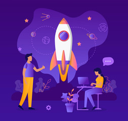 Fototapete - A team of specialists launches the rocket. Start up project. Business concept. Teamwork. Web development. Flat vector illustration.