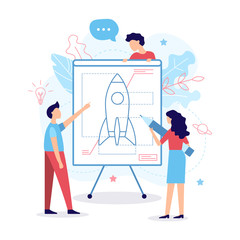 Fototapete - The development team creates a drawing of the rocket. Business concept. Teamwork. Web development. Flat vector illustration.
