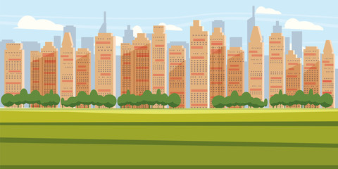 Wall Mural - Cityscape Background Modern City Panorama With Over Skyscrapers Skyline Silhouette Cartoon Vector Illustration