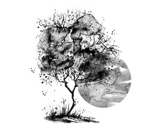 A Tree, A Bush Of Black, White Color Watercolor.  Black, White Abstract Spot, Blot, Splash. Moon, Full Moon, Night Landscape. Ecological Abstract Art Illustration. 