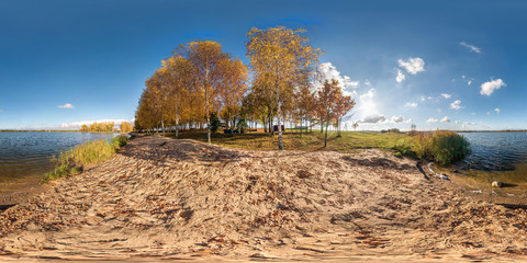 Wall Mural - full seamless spherical panorama 360 degrees angle view golden autumn near the shore of wide lake in sunny day in equirectangular projection, ready VR AR virtual reality content