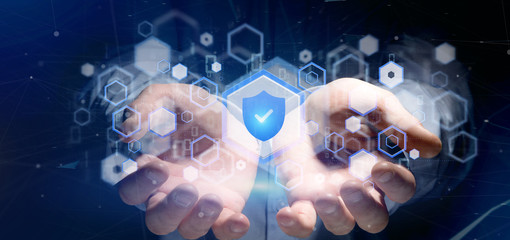 Poster - Man holding a Shield web security concept 3d rendering