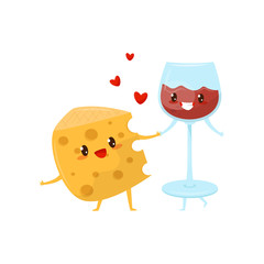 Poster - Piece of cheese and glass of wine are friends forever, cute funny food cartoon characters vector Illustration on a white background