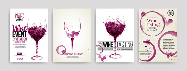 Wall Mural - Collection of templates with wine designs. Brochures, posters, invitation cards, promotion banners, menus. Wine stains, drops. illustrations of wine glasses.